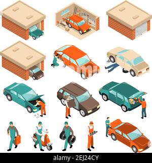 Isometric set with vehicle in brick garage, car repair, man with tyres, scooter, canister isolated vector illustration Stock Vector