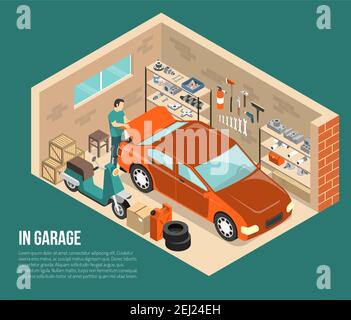 Garage inside on green background with man near car, shelves with tools and spares isometric vector illustration Stock Vector