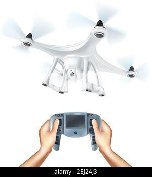 Realistic unmanned drone with digital camera and hands holding remote control device on white background isolated vector illustration Stock Vector