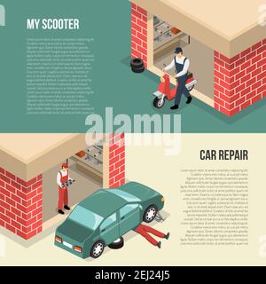 Garage horizontal isometric banners including person with scooter and men doing car repair isolated vector illustration Stock Vector