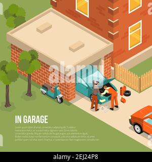 Brick garage outside view with men near car, scooter, house with fence, green trees isometric vector illustration Stock Vector