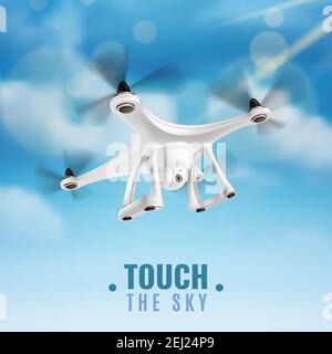 Realistic quadcopter drone with digital camera flying in blue sky vector illustration Stock Vector