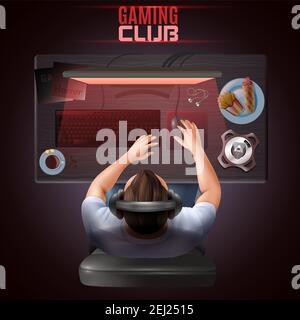 Character gamer in headphones playing on his computer top view realistic vector illustration Stock Vector