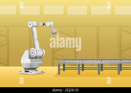 White robot arm with conveyor line in factory vector illustration Stock Vector