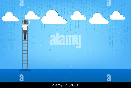 Cloud computing technology with man climb up to cloud flat design vector illustration Stock Vector