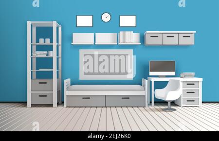 Private room realistic 3d interior composition with case shelves tv set modern chair clock and computer vector illustration Stock Vector
