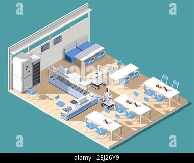 Fast food service restaurant isometric interior with tables chairs and robotic waiters chasing food on platters vector illustration Stock Vector