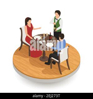 Waiter with bottle of vine and couple of young people tasting wine in restaurant isometric design concept vector illustration Stock Vector