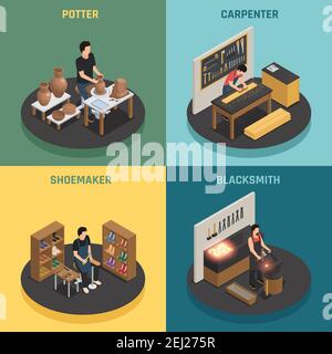 Craftsman professions 2x2 design concept with potter shoemaker carpenter blacksmith square icons isometric vector illustration Stock Vector