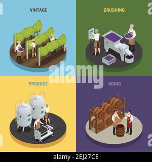 Wine production 2x2 design concept with vintage crushing produce and aging square compositions isometric vector illustration Stock Vector