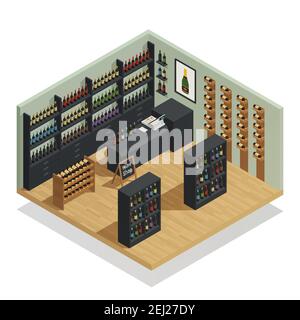 Wine shop interior isometric composition with counter cash register and ...