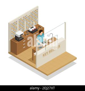 Key service isometric composition with master at working place engaged in cutting or repair of keys vector illustration Stock Vector