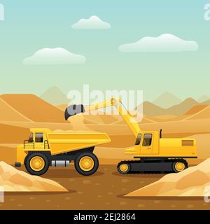 Construction machinery for ground works composition with excavator loading dumper truck with sand flat vector illustration Stock Vector