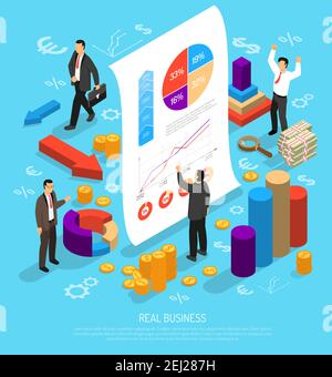 Isometric diagrams infographics business illustration with human characters 3d graphs money arrows and flat financial pictograms vector illustration Stock Vector