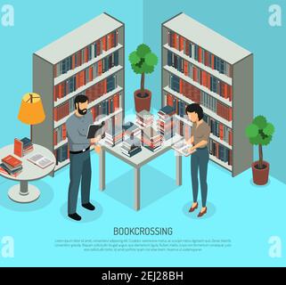 Isometric bookcrossing composition with public library interior and two human characters sharing and reading different books vector illustration Stock Vector