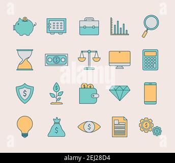 set of finance and invest icons on a light pink background Stock Vector