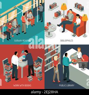 Isometric book reading design concept with various situations in public transport library and domestic scenery vector illustration Stock Vector