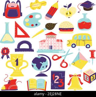 School symbols accessories flat icons set with schoolbus schoolbooks scissors geometrical figures schoolbag bell isolated vector illustration Stock Vector