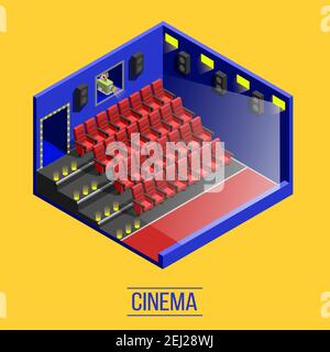 Isometric movie shooting background with indoor cinema auditorium red seats stairs and window to projection room vector illustration Stock Vector