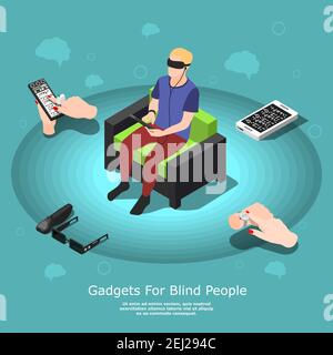 Isometric blind people conceptual background with partially sighted male character and various accessibility gadgets with text vector illustration Stock Vector