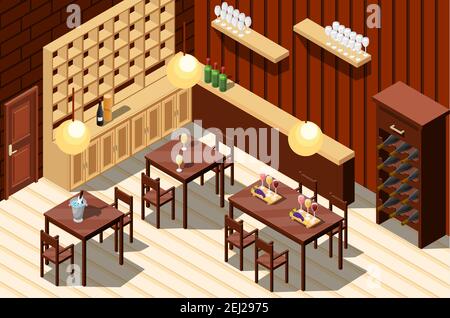 Wine shop interior isometric composition with counter cash register and ...