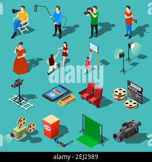 Isometric movie shooting icons collection with human characters of actors and film crew shooting and lighting equipment vector illustration Stock Vector