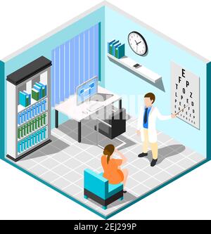 Isometric ophthalmologist composition with medical examination room interior with furniture patient and eye specialist human characters vector illustr Stock Vector