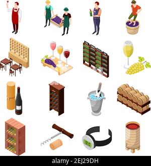 Isometric wine production icons collection with tierce of wine chiller cabinets and working people isolated images vector illustration Stock Vector