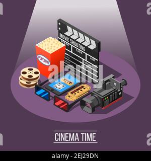 Isometric movie shooting composition with essential filmmaking appliances and cinema attending accessories tickets and smartphone vector illustration Stock Vector