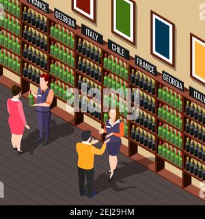 Isometric wine shop composition with alcoholic store interior shelves with bottles assistants and customers human characters vector illustration Stock Vector