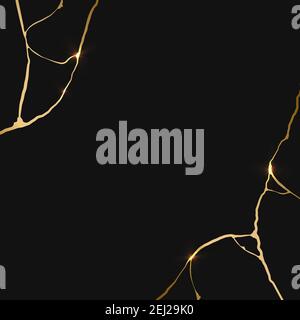 Gold kintsugi on black background. Crack and broken effects. Marble texture. Luxury design for wall art, wallpaper, wedding card, social media. Modern Stock Vector