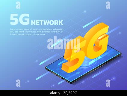3d Isometric Web Banner Smartphone with 5G Hi Speed Internet Network. 5G Network Wireless Technology Concept. Stock Vector