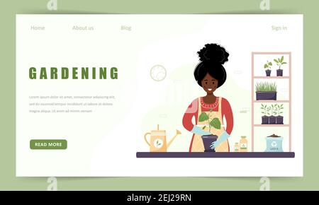 Gardening hobby website landing page. African woman replanting seedlings in orangery. Vector illustration in flat cartoon style. Domestic plants Stock Vector