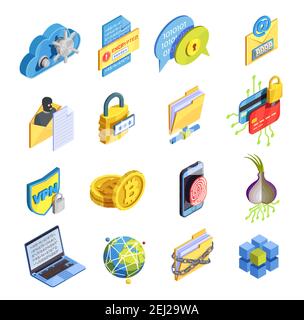 Data encryption cyber security isometric icons collection of isolated symbols bitcoin fingerprint and proxy avoidance pictograms vector illustration Stock Vector