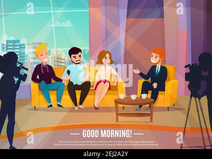 Talk show flat poster with three participants sitting on a couch and male reporter vector illustration Stock Vector