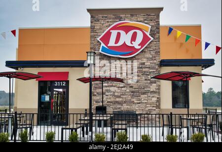 Houston, Texas USA 01-01-2020: Dairy Queen restaurant entrance exterior in Houston, TX. Fast food chain store selling hot food and ice cream. Stock Photo