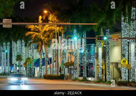 Holiday lights in Miami Beach night photo 41st Street Stock Photo