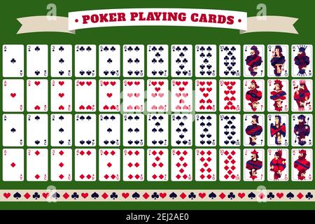 Full deck of poker playing cards with header tape and isolated cards on green background  vector illustration Stock Vector