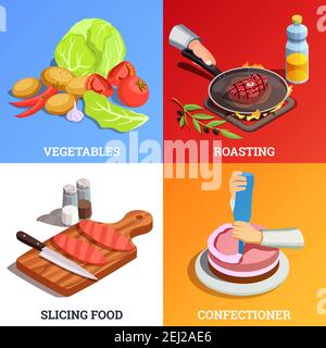 Professionlal cooking people chef pizzaiolo isometric people 2x2 design concept with various dishes and text captions vector illustration Stock Vector