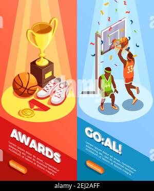 Set of two vertical basketball isometric banners with triumph images editable text and read more button vector illustration Stock Vector