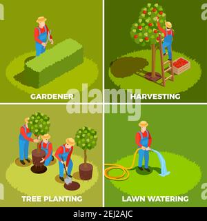 Gardener isometric people 2x2 design concept with human characters in hats and pinafores with gardening tools vector illustration Stock Vector