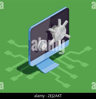 Data encryption cyber security isometric composition with desktop computer and safe lock built into display screen vector illustration Stock Vector