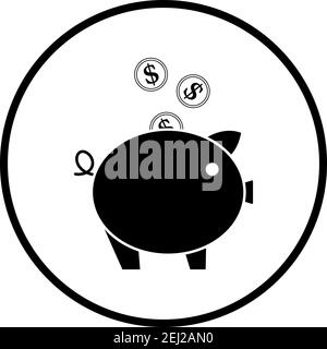 Golden Coins Fall In Piggy Bank Icon. Thin Circle Stencil Design. Vector Illustration. Stock Vector