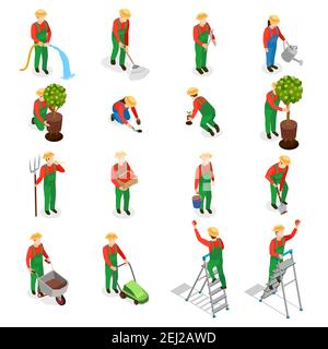 Gardener isometric people icons collection of isolated human characters in uniform with plants and tools vector illustration Stock Vector