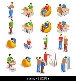 Coworking people isometric icons collection of isolated human figures in open space office with laptop computers vector illustration Stock Vector
