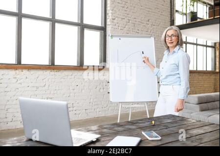 Modern senior female school teacher streaming lesson online, professor, college tutor or coach looking at webcam and writing on the whiteboard Stock Photo
