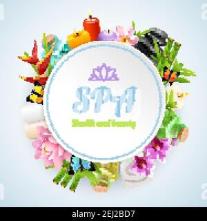 Spa round frame formed from set of spa treatment and cosmetology elements realistic vector illustration Stock Vector