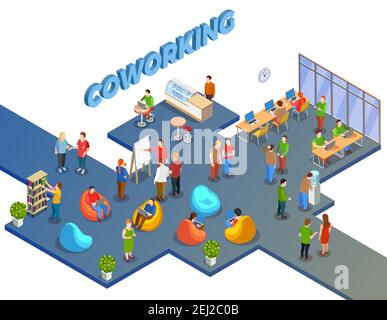Coworking people isometric composition with open space human figures beanbag chairs and office furniture with text vector illustration Stock Vector