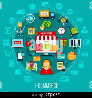 E-commerce flat concept with internet shopping elements around online store icon on turquoise background vector illustration Stock Vector