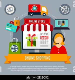 Online store composition on grey background with electronic devices, secure payment, 24h delivery service, operator vector illustration Stock Vector